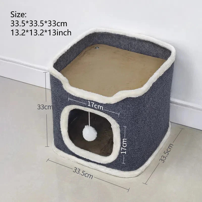3-Tiers Cat Bed Winter Pet House Covered Cave with Soft Mat Large Hideaway Cat Tent with Fluffy Ball Hanging