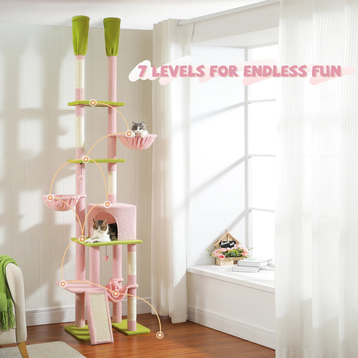 Cactus Cat Tree Floor to Ceiling Cat Tower 7 Tiers Cat Climbing Tree with Cozy Hammocks and Condos 5 Platforms Scratching Posts