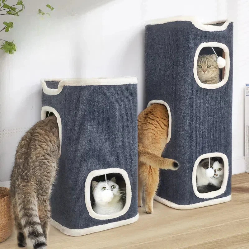3-Tiers Cat Bed Winter Pet House Covered Cave with Soft Mat Large Hideaway Cat Tent with Fluffy Ball Hanging