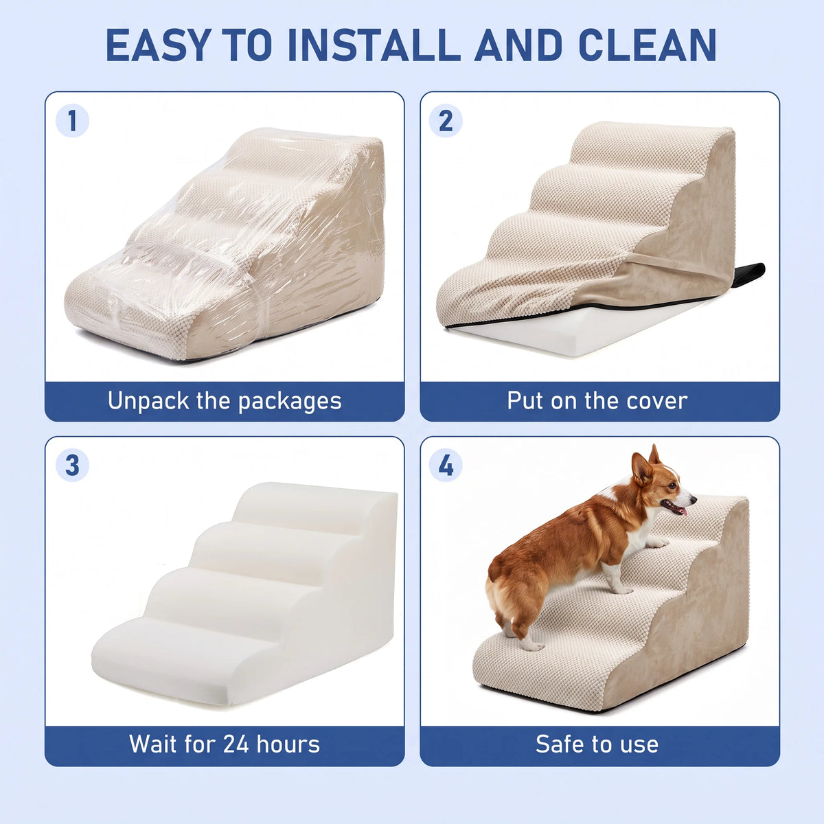 4-Tier Pet Stairs, 20" High Density Foam Dog Steps, Non-Slip Removable Washable Cover Pet Ramp, Safe Climb for Small Dogs, Aged Dogs, Injured Dogs and Low Beds