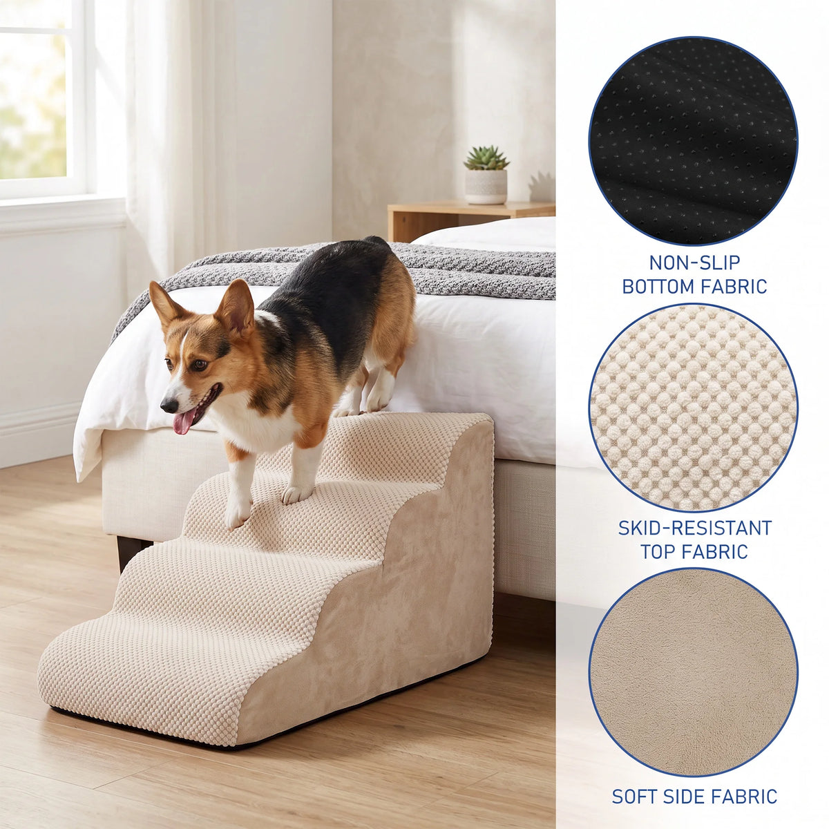 4-Tier Pet Stairs, 20" High Density Foam Dog Steps, Non-Slip Removable Washable Cover Pet Ramp, Safe Climb for Small Dogs, Aged Dogs, Injured Dogs and Low Beds