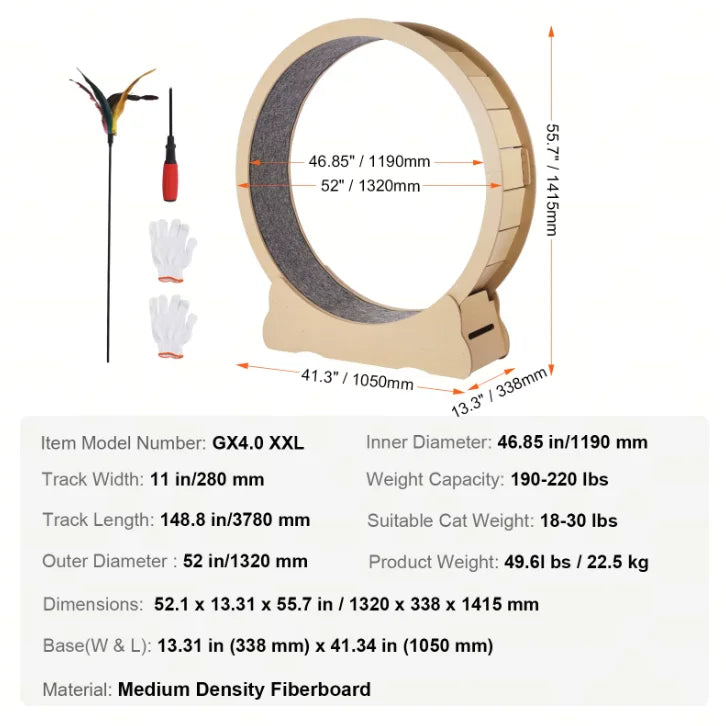 SucceBuy Wooden Cat Exercise Wheel Large Cat Treadmill Wheel for Indoor Cat Running Wheel with Detachable Carpet& Cat Teaser