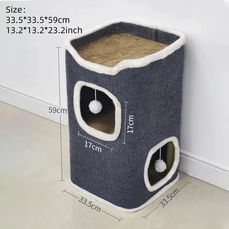 3-Tiers Cat Bed Winter Pet House Covered Cave with Soft Mat Large Hideaway Cat Tent with Fluffy Ball Hanging