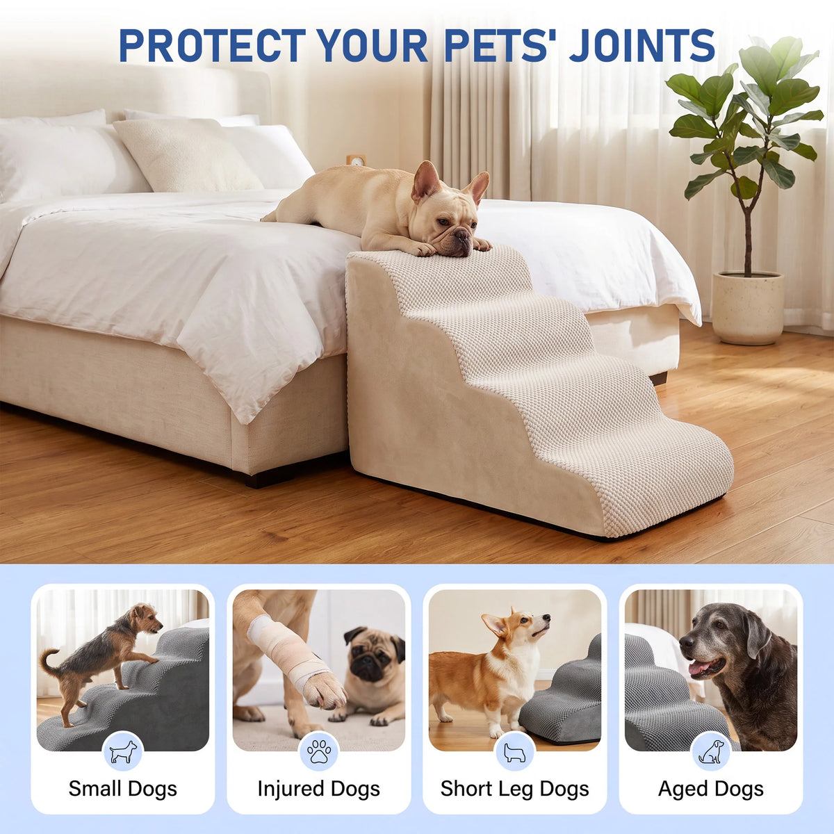 4-Tier Pet Stairs, 20" High Density Foam Dog Steps, Non-Slip Removable Washable Cover Pet Ramp, Safe Climb for Small Dogs, Aged Dogs, Injured Dogs and Low Beds