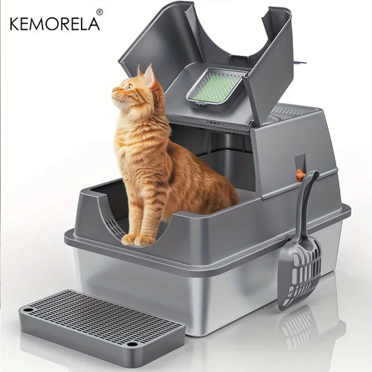 KEMORELA Stainless Steel Cat Litter Box with Lid - Odor-Proof Enclosed High-Sided Design Includes Scoop Anti-Leak & Easy Clean