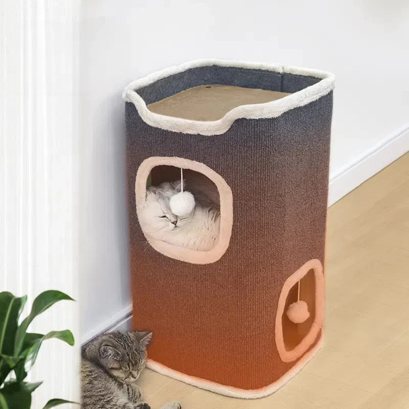 3-Tiers Cat Bed Winter Pet House Covered Cave with Soft Mat Large Hideaway Cat Tent with Fluffy Ball Hanging