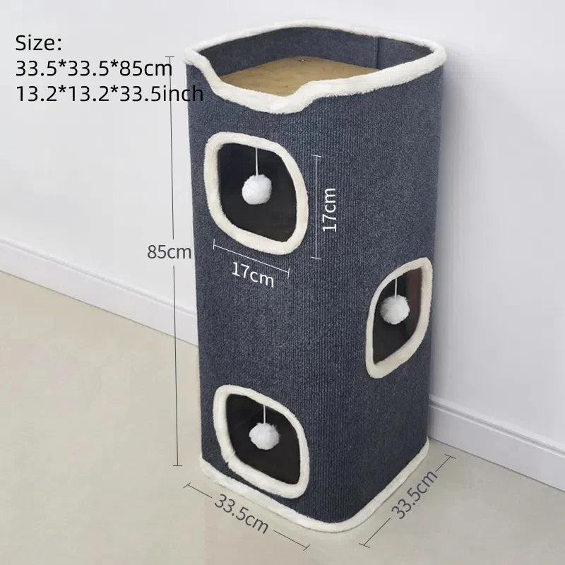 3-Tiers Cat Bed Winter Pet House Covered Cave with Soft Mat Large Hideaway Cat Tent with Fluffy Ball Hanging
