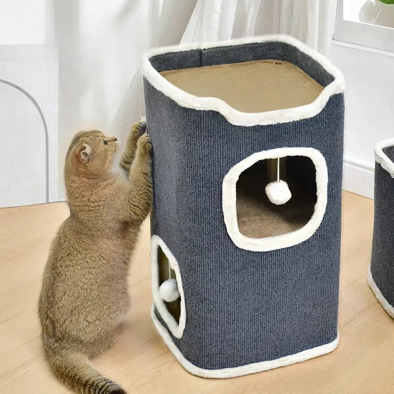 3-Tiers Cat Bed Winter Pet House Covered Cave with Soft Mat Large Hideaway Cat Tent with Fluffy Ball Hanging