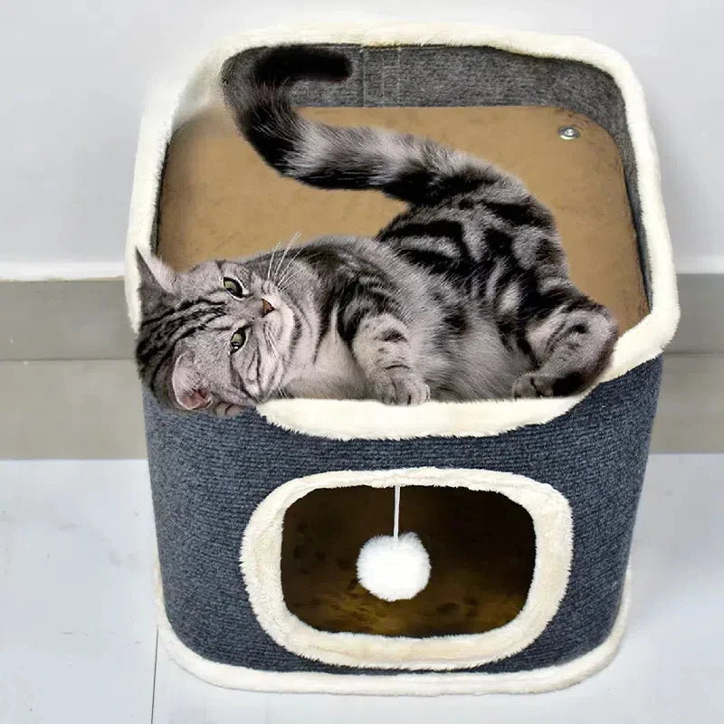 3-Tiers Cat Bed Winter Pet House Covered Cave with Soft Mat Large Hideaway Cat Tent with Fluffy Ball Hanging